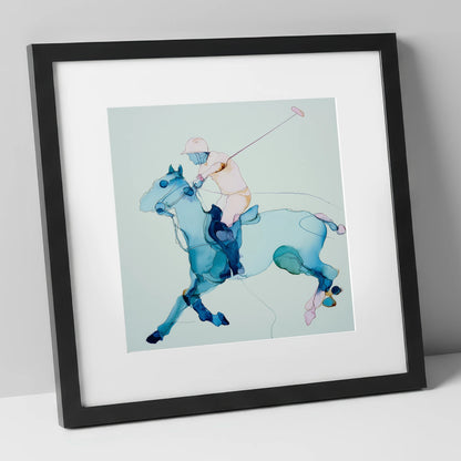 Fluid Polo Strike polo horse art print in black frame