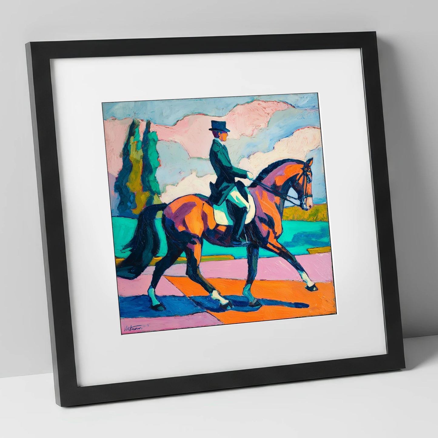 Vibrant Dressage Rhythm dressage horse art print in black frame