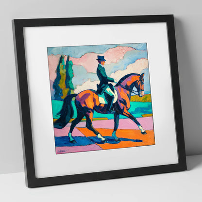 Vibrant Dressage Rhythm dressage horse art print in black frame