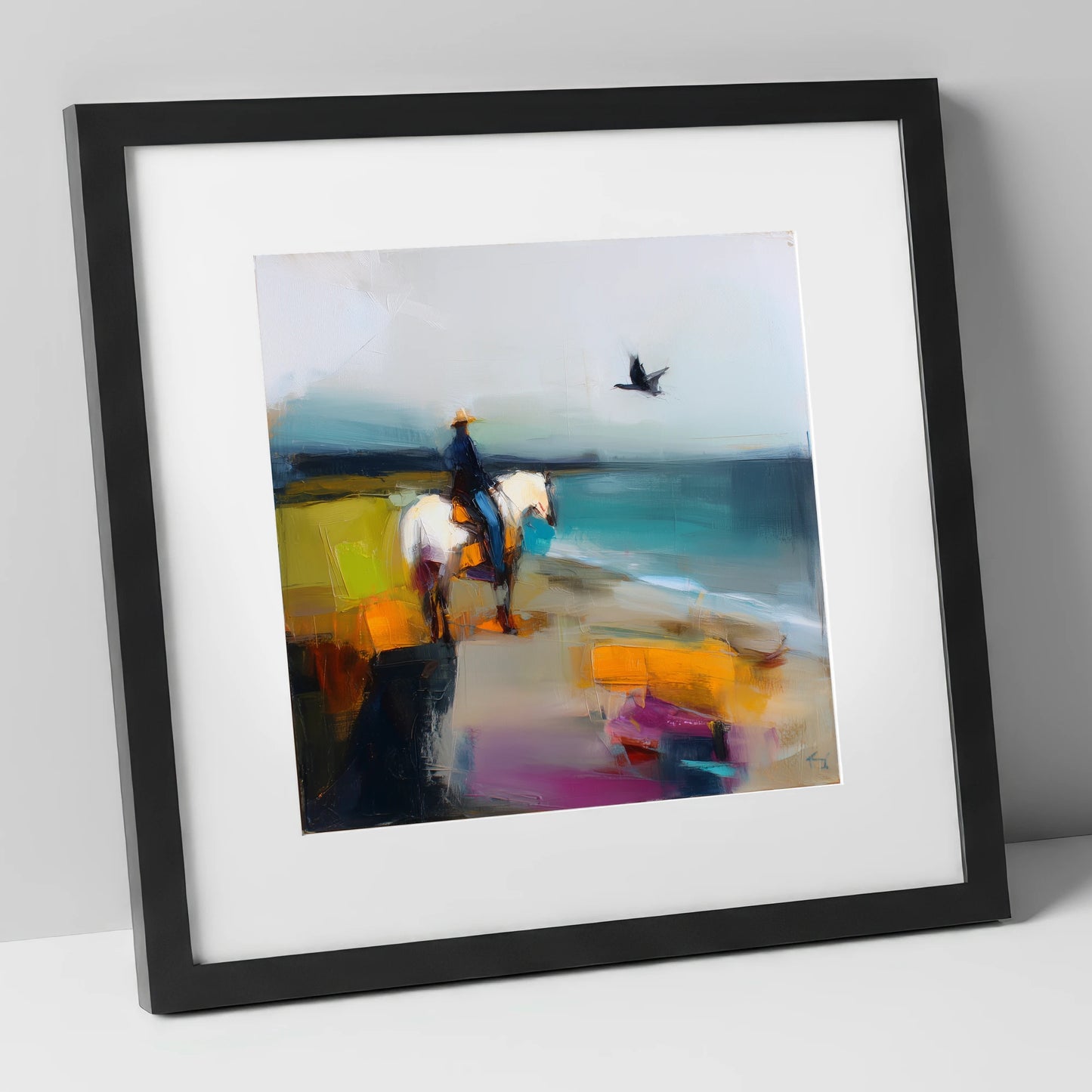 Vibrant Shoreline Hack beach horse art print in black frame