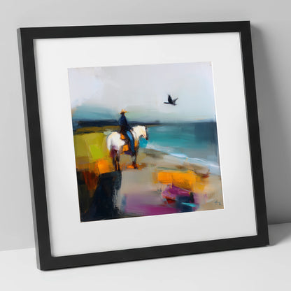 Vibrant Shoreline Hack beach horse art print in black frame
