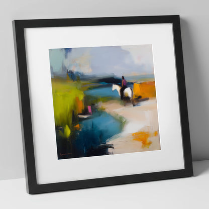 Vibrant Shoreline Hack beach horse art print in black frame