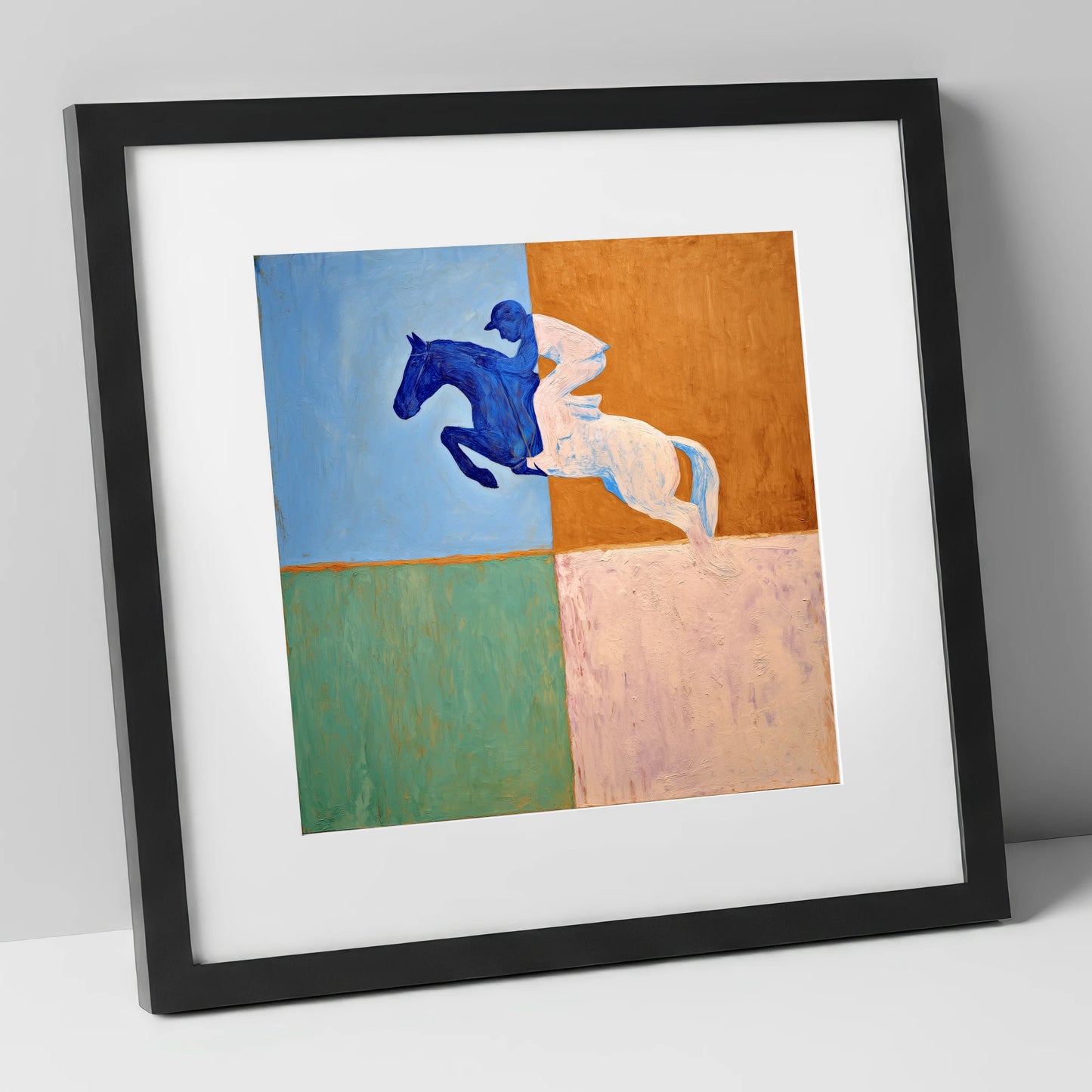 Abstract Cobalt Leap show jumping horse art print in black frame