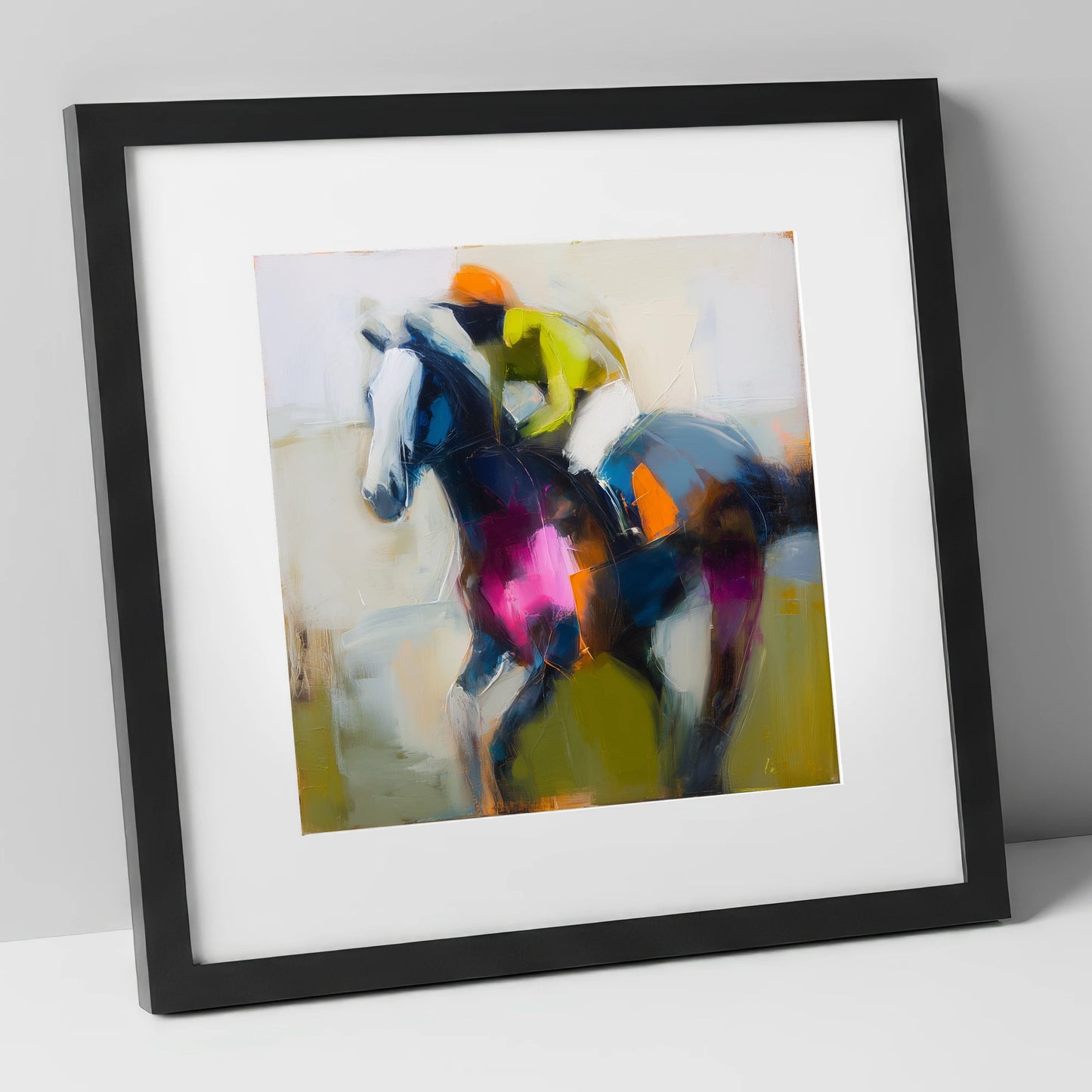 Bold Momentum racing horse art print in black frame
