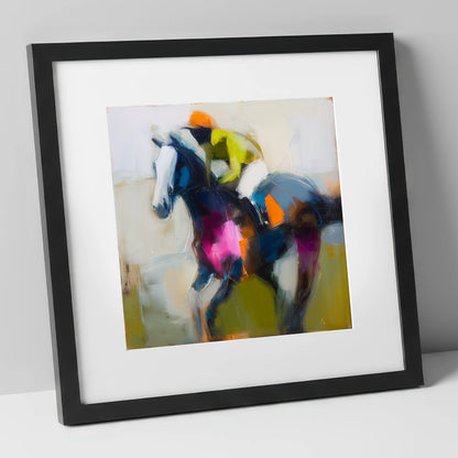 Bold Momentum racing horse art print in black frame