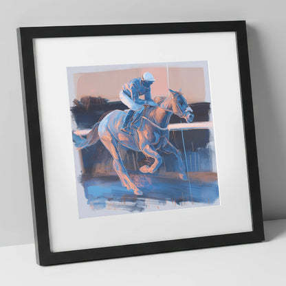 Cobalt Stride racing horse art print in black frame