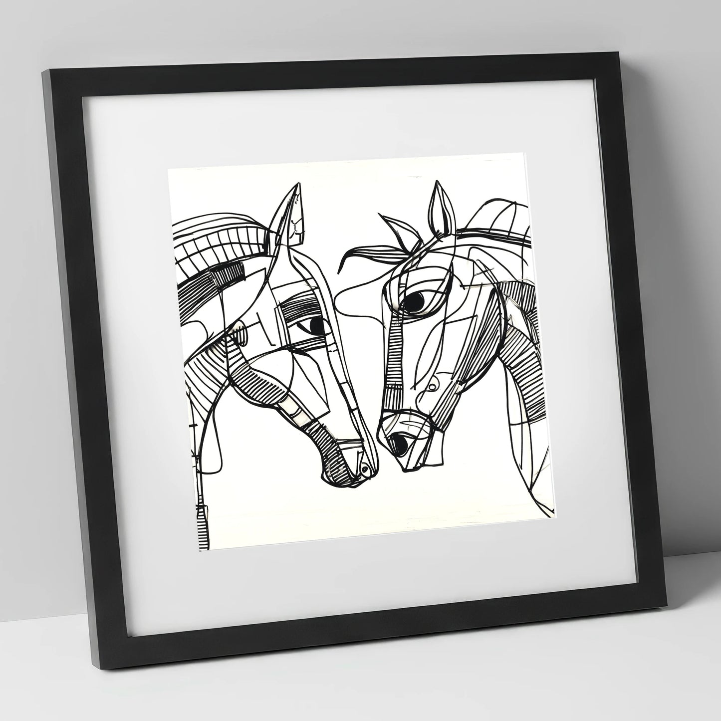 Linear Equine Connection horse portrait art print in black frame