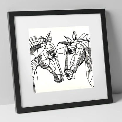 Linear Equine Connection horse portrait art print in black frame