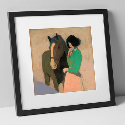 A Shared Silence horse & rider art print in black frame