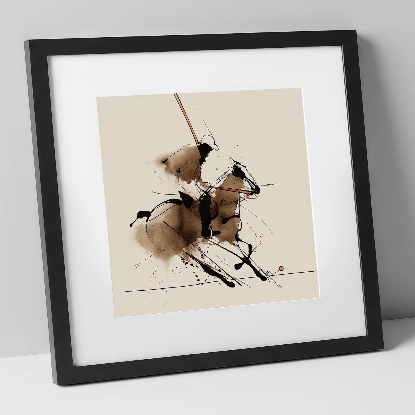 The Polo Drive polo horse art print in black frame