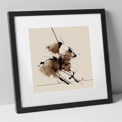 The Polo Drive polo horse art print in black frame