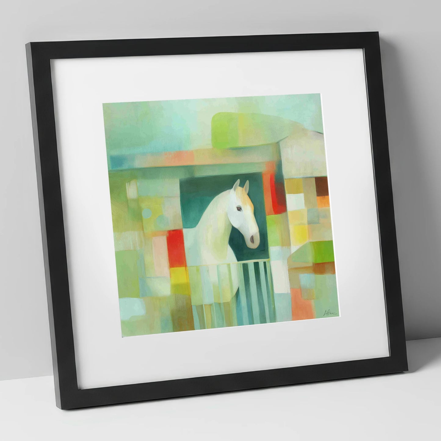 Geometric Stable Grey horse stable art print in black frame