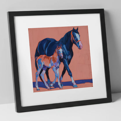 Bold Beginnings mare & foal art print in black frame