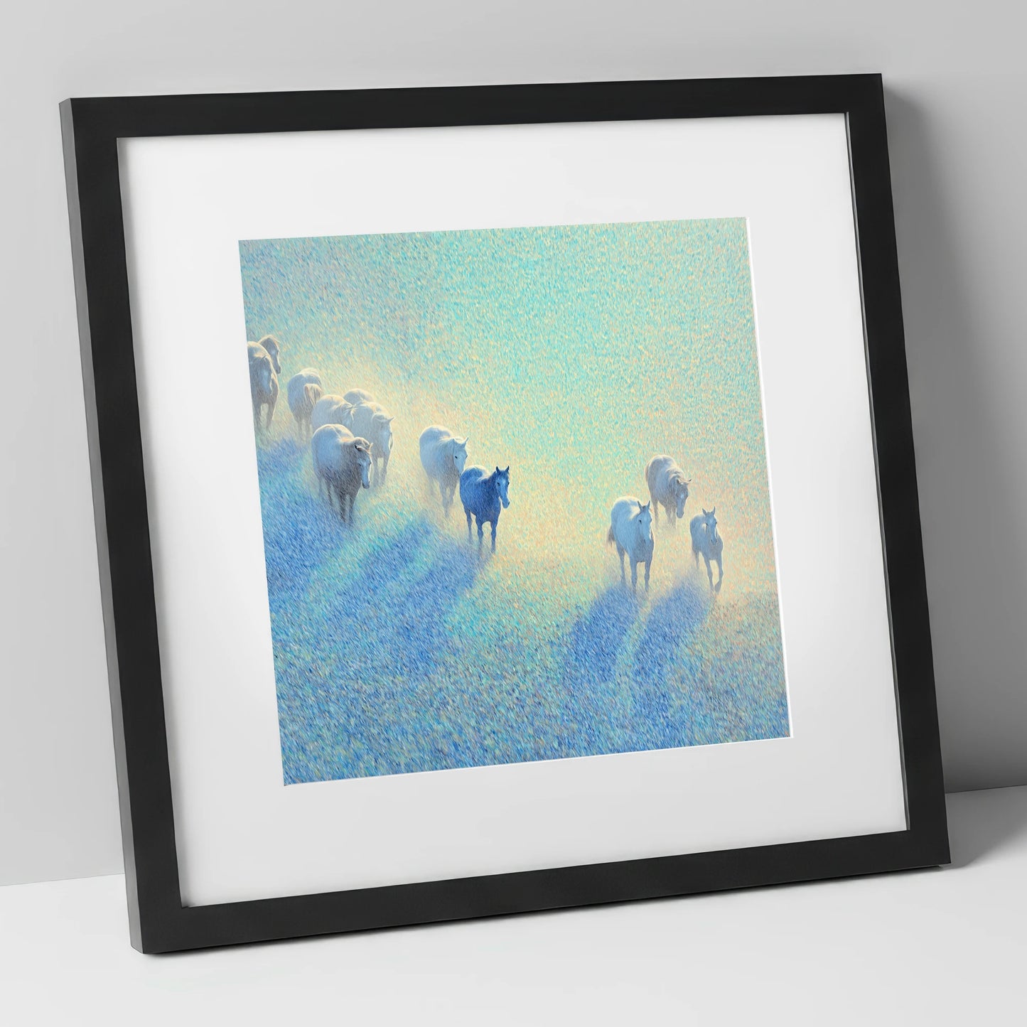 Ethereal Morning Herd wild horses art print in black frame