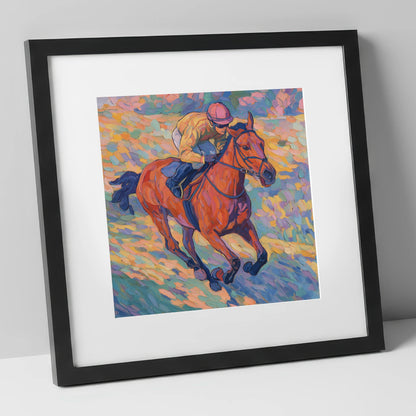 Vibrant Final Furlong racing horse art print in black frame