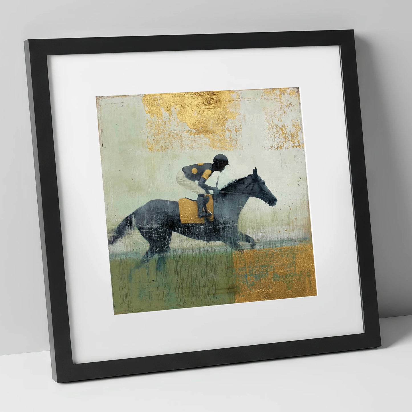 The Golden Furlong racing horse art print in black frame