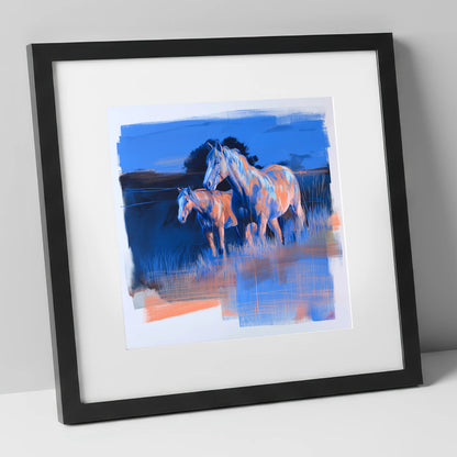 Twilight Companions wild horses art print in black frame