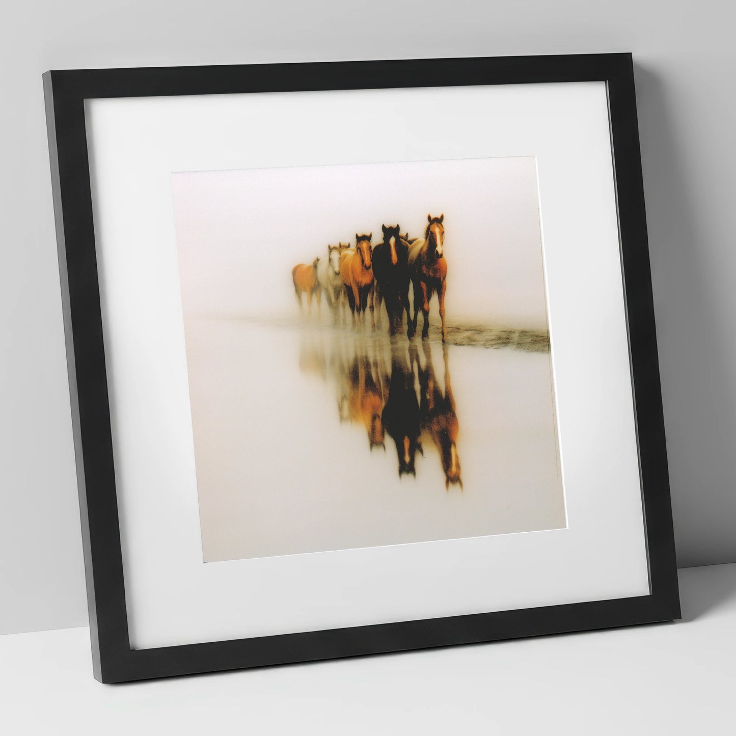 Emerging From The Mist wild horses art print in black frame