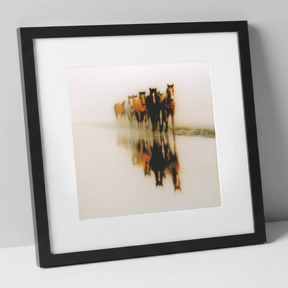 Emerging From The Mist wild horses art print in black frame