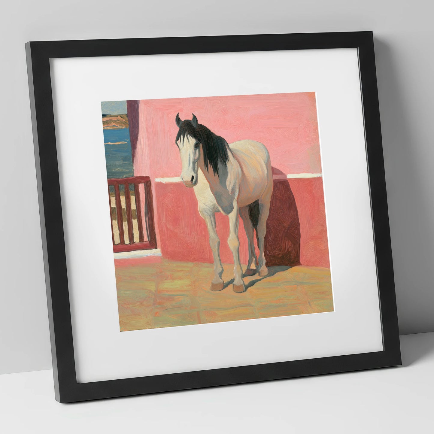 Coastal Courtyard Grey horse breed art print in black frame