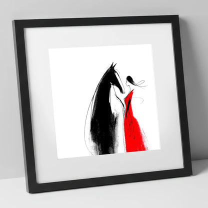 Crimson Connection horse & rider art print in black frame