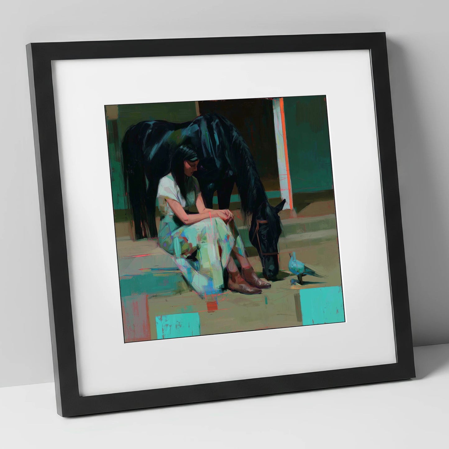 Stillness in the Yard horse & rider art print in black frame