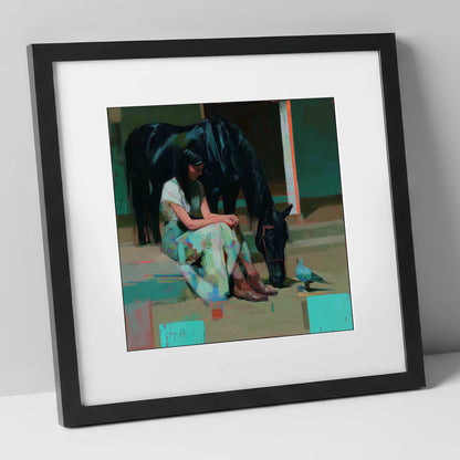 Stillness in the Yard horse & rider art print in black frame
