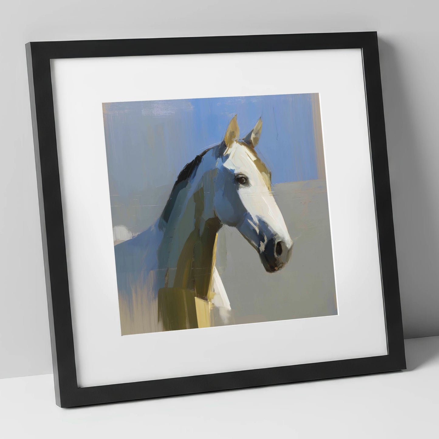 Sunlit Slate Grey horse portrait art print in black frame