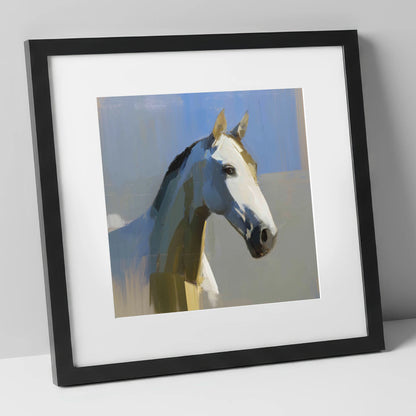 Sunlit Slate Grey horse portrait art print in black frame