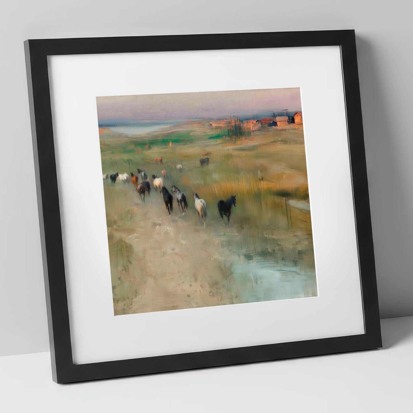 Roaming the Marshes wild horses art print in black frame