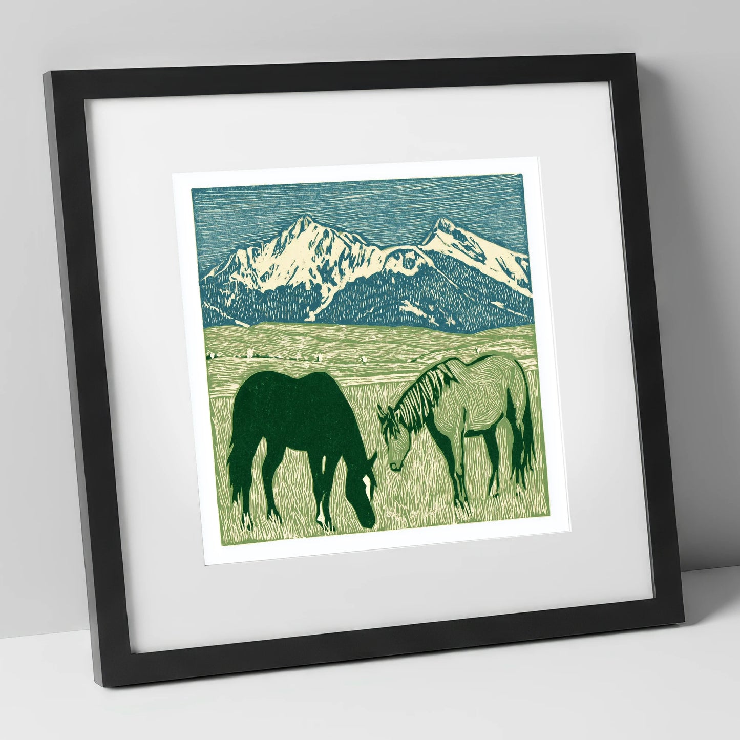Alpine Grazing horse landscape art print in black frame