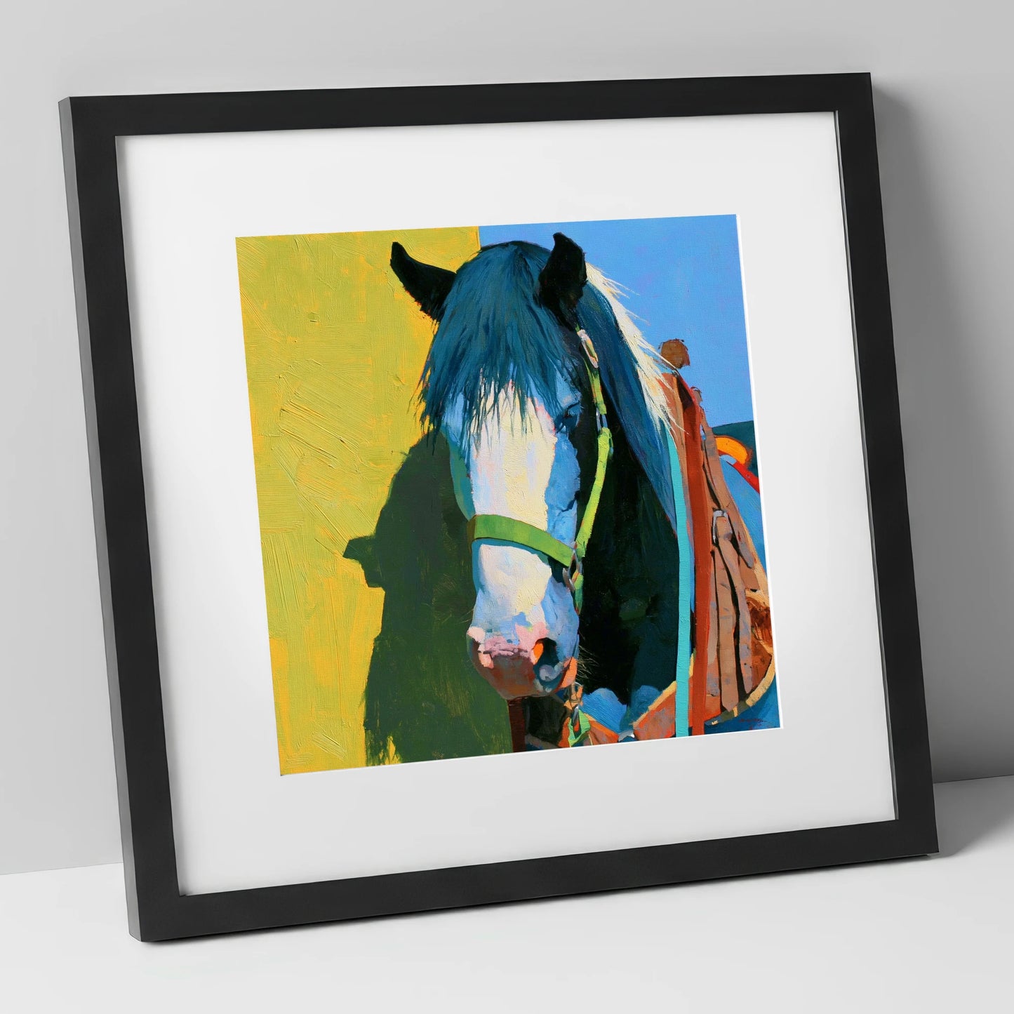 Tacked Horse Against Yellow Wall horse breed art print in black frame