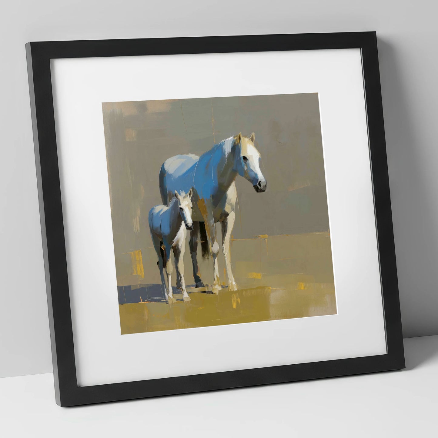 A Mother’s Quiet Watch mare & foal art print in black frame