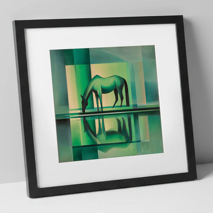 Verdant Reflection horse portrait art print in black frame