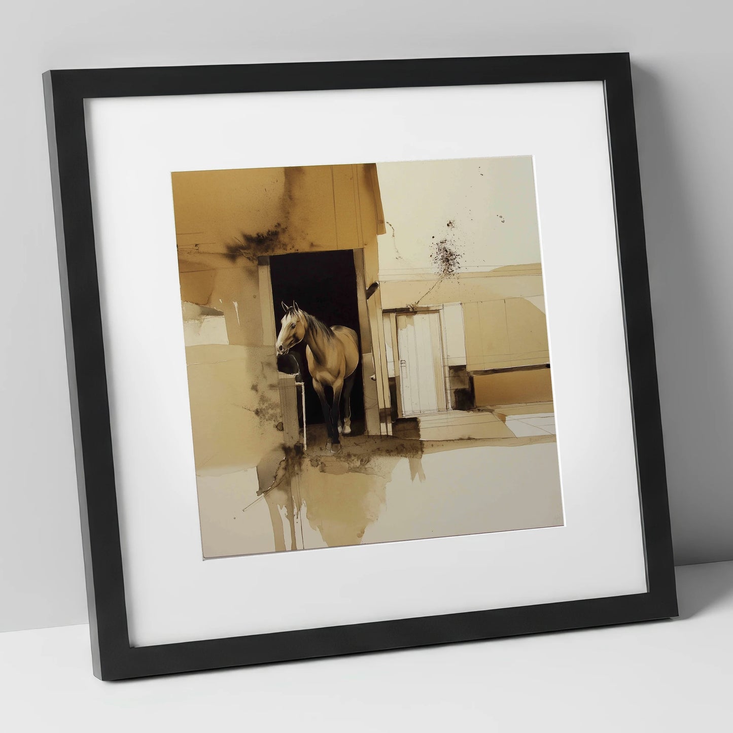 Sepia Stable Threshold horse stable art print in black frame