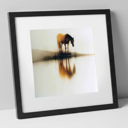 Amber Mist Reflection horse landscape art print in black frame