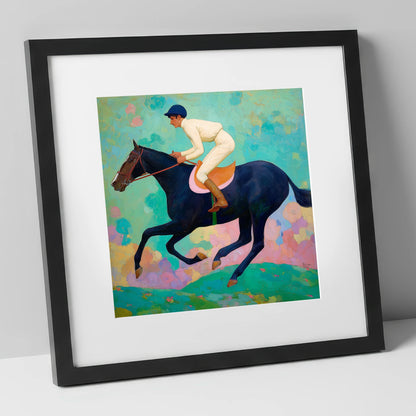 The Indigo Gallop racing horse art print in black frame