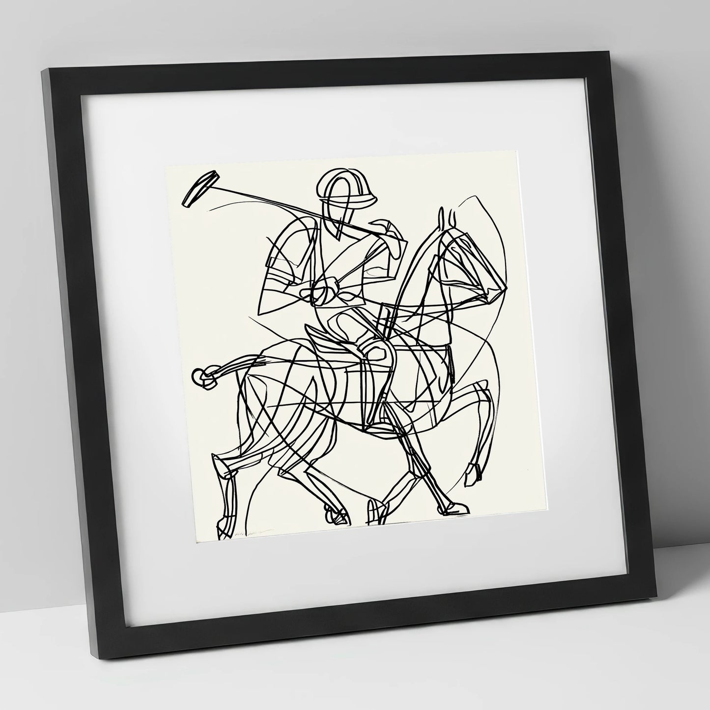 Linear Polo Strike polo horse art print in black frame