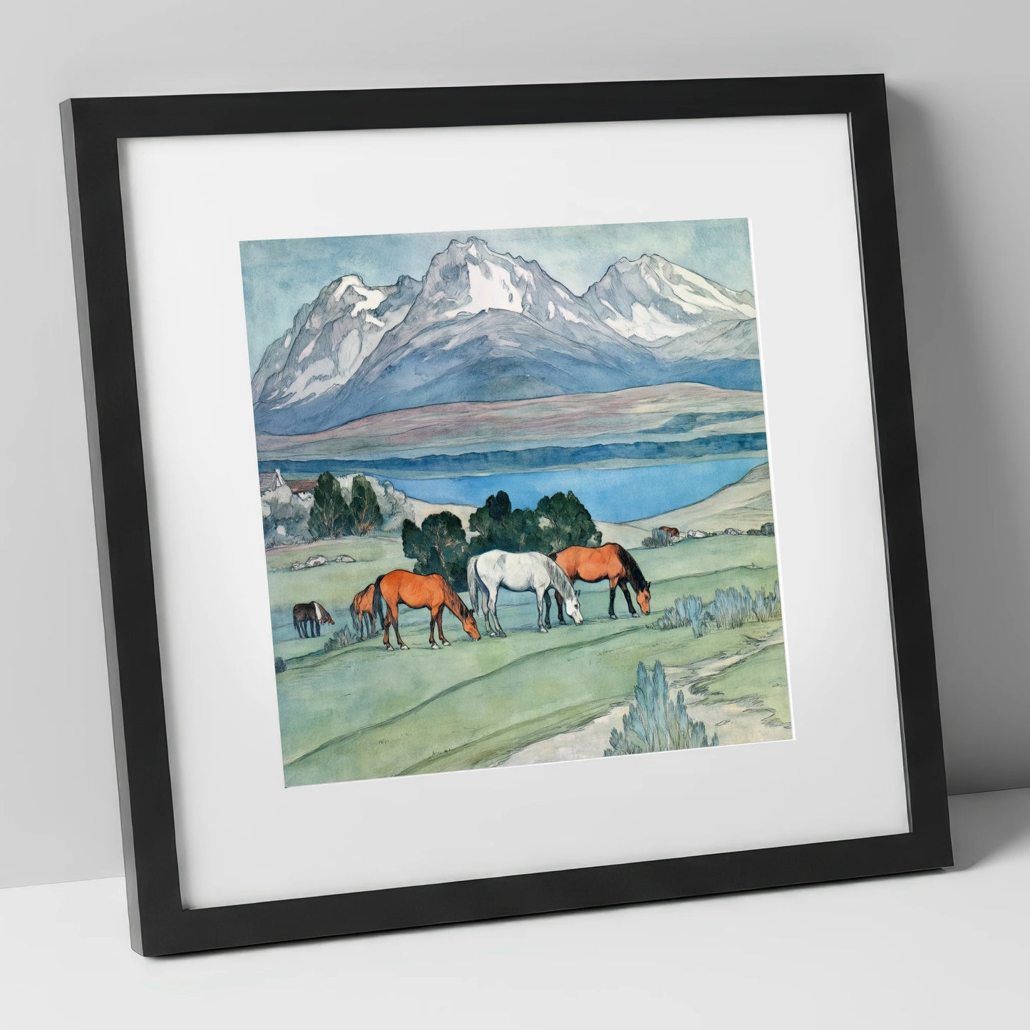 Alpine Lake Pastures horse landscape art print in black frame