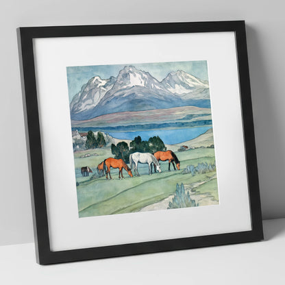 Alpine Lake Pastures horse landscape art print in black frame