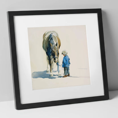 Quiet Understanding horse & rider art print in black frame