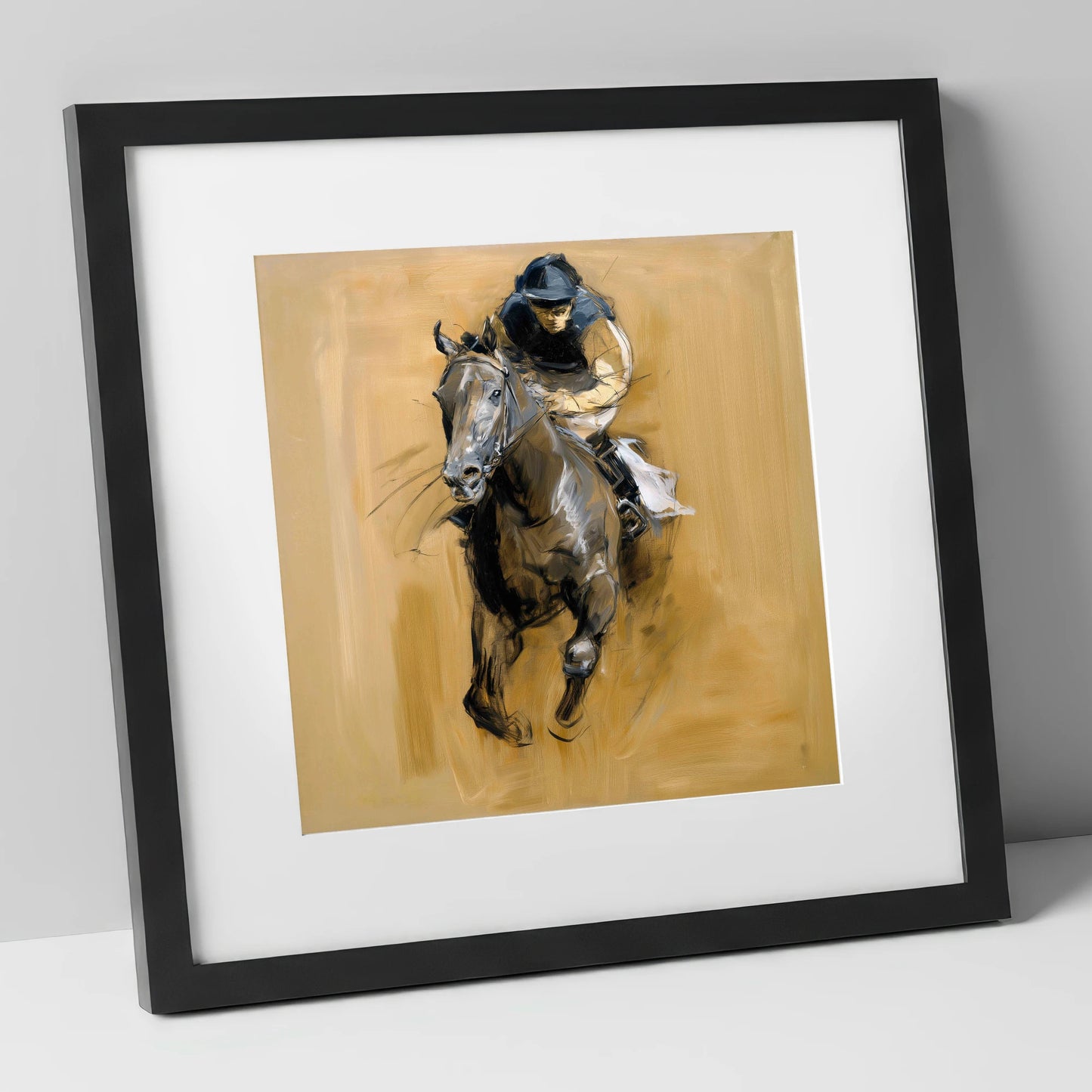 The Final Furlong racing horse art print in black frame