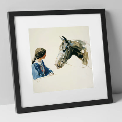 A Shared Silence horse & rider art print in black frame