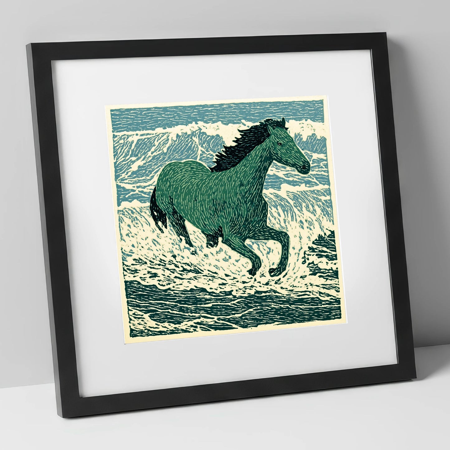 Emerald Surf Canter beach horse art print in black frame