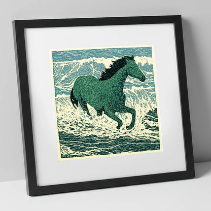 Emerald Surf Canter beach horse art print in black frame
