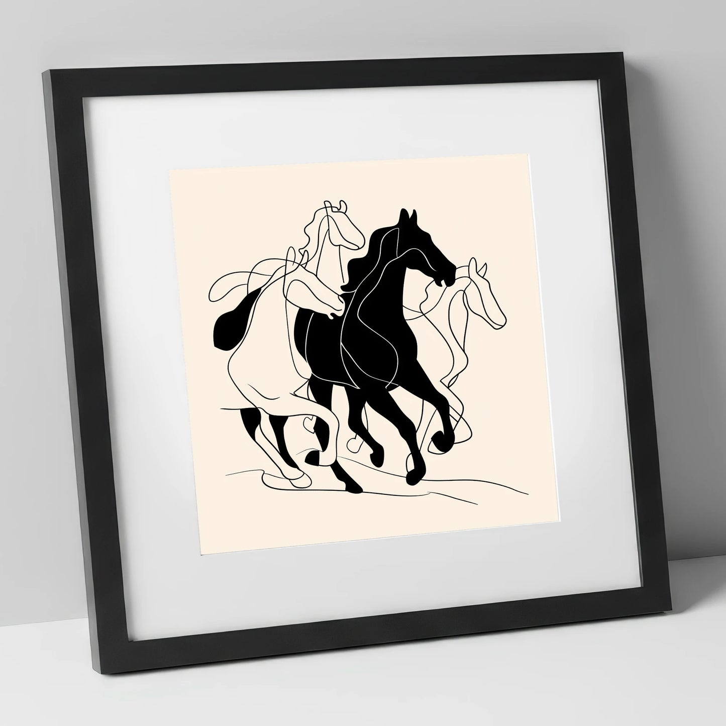 Synchronised Strides wild horses art print in black frame