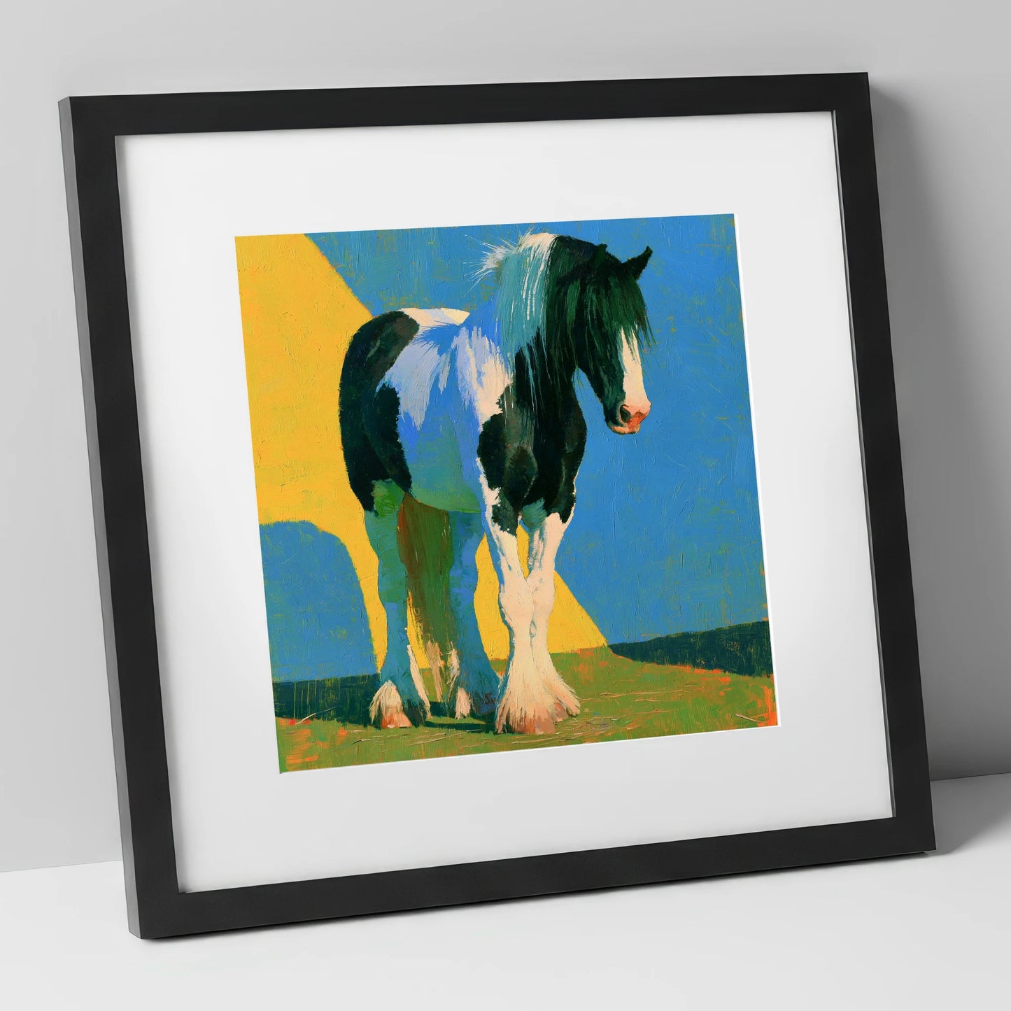Piebald Cob in Bright Colours horse breed art print in black frame