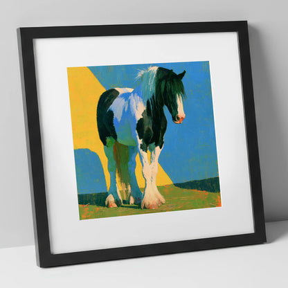 Piebald Cob in Bright Colours horse breed art print in black frame