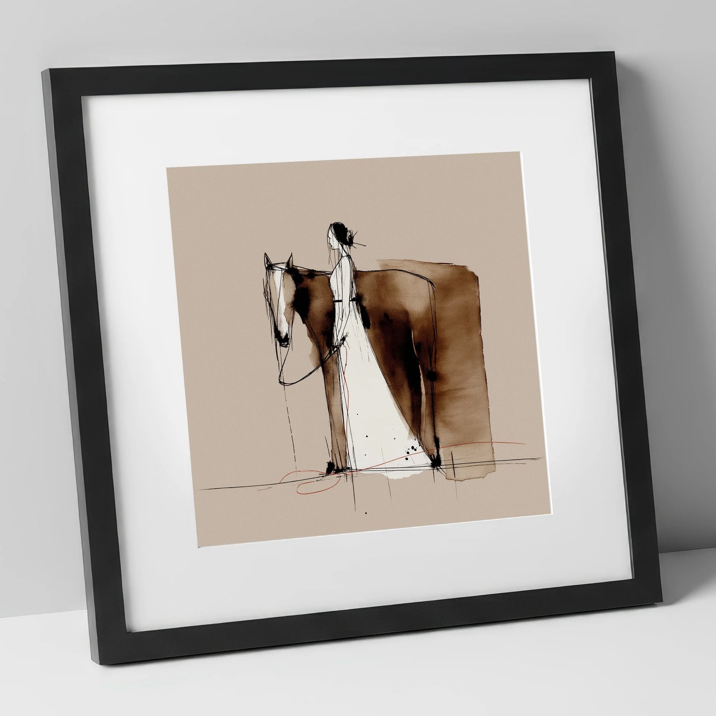 Silent Partnership horse & rider art print in black frame