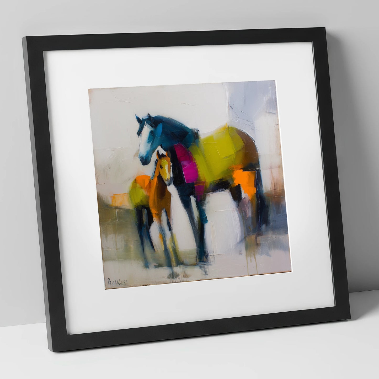Vibrant Bond mare & foal art print in black frame